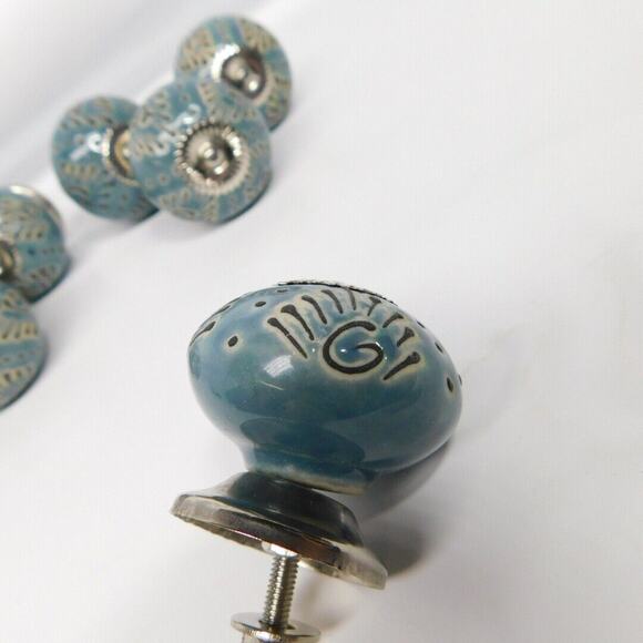 Casa Decor Ceramic DRAWER PULL KNOBS CABINET Blue Silver Handmade India-Set of 8 - Picture 4 of 5